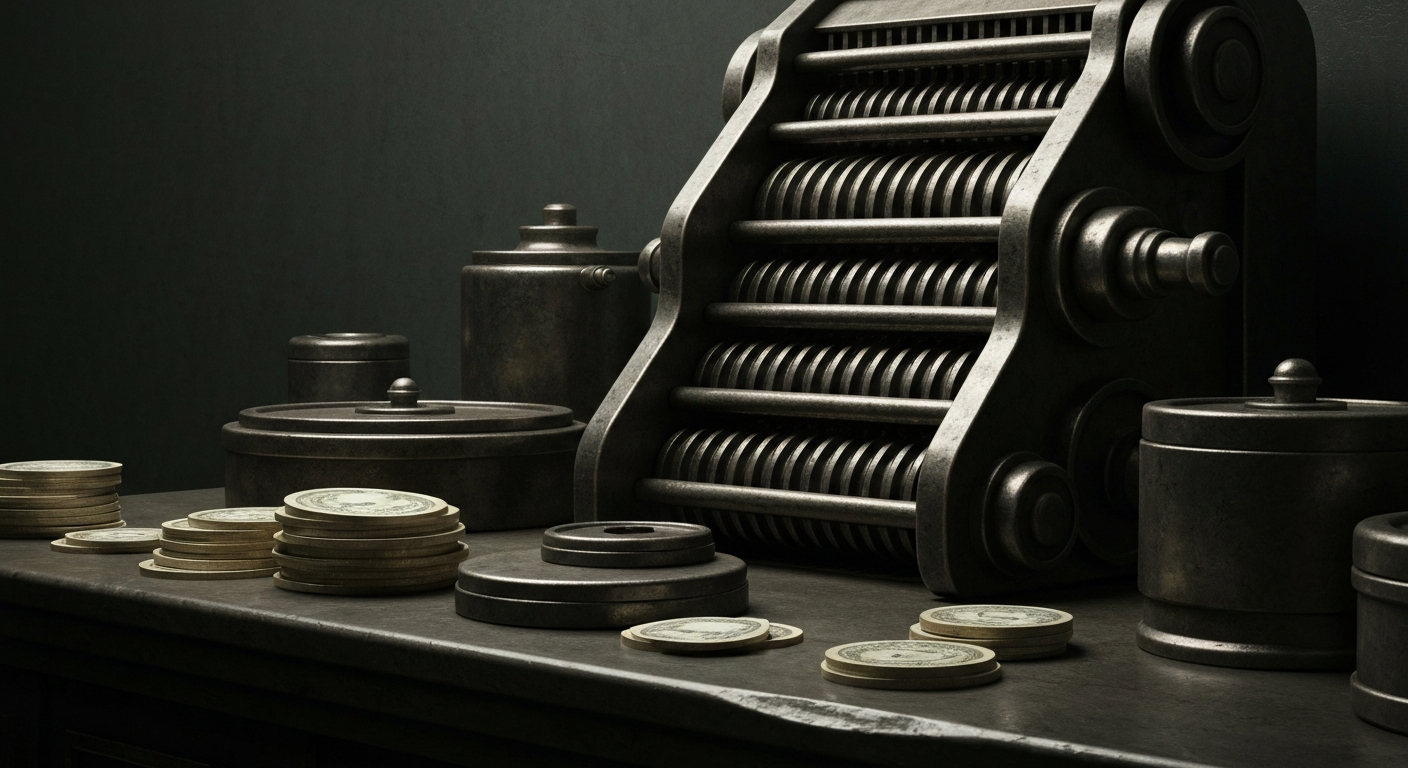 An extreme close-up of gears, levers, and other heavy industrial banking equipment, conveying a sense of institutional financial power and security without using literal currency or charts.