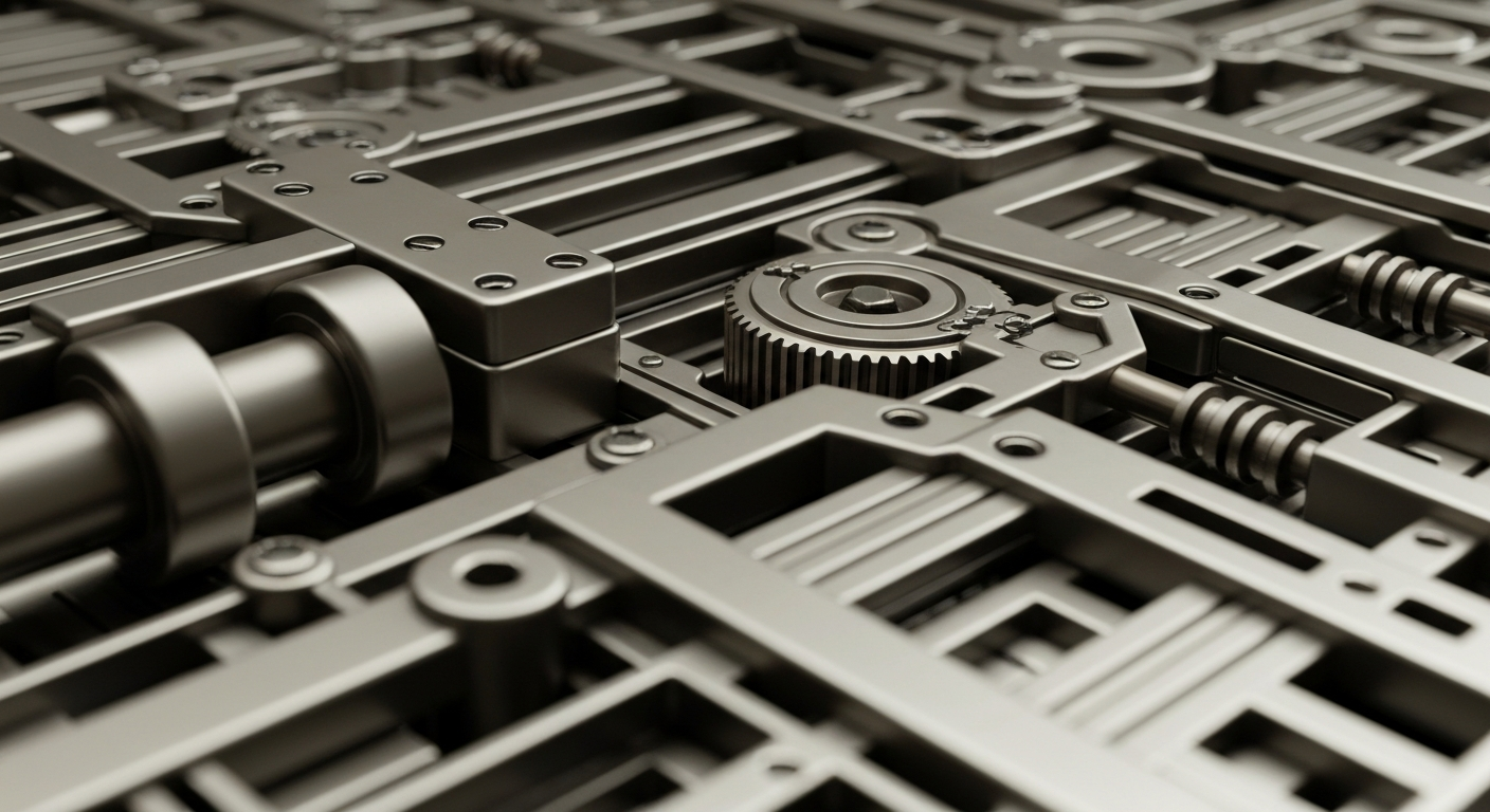 An extreme close-up of complex, interlocking gears and levers in a steel-and-chrome banking mechanism, conveying the secure, institutional power of the financial system.