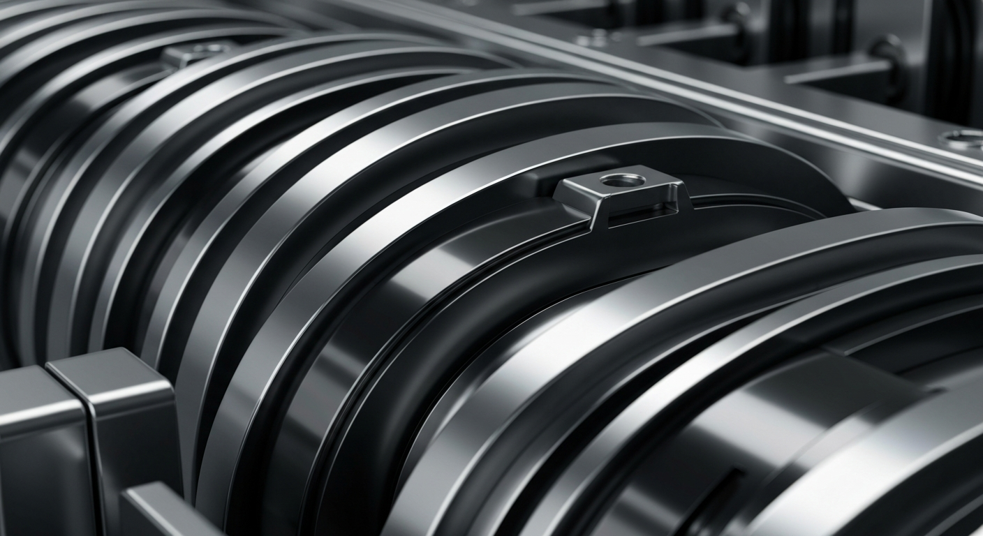 An extreme close-up of intricate, metallic banking machinery and components, conveying the secure, industrial nature of the financial services industry without using any text or identifiable elements.