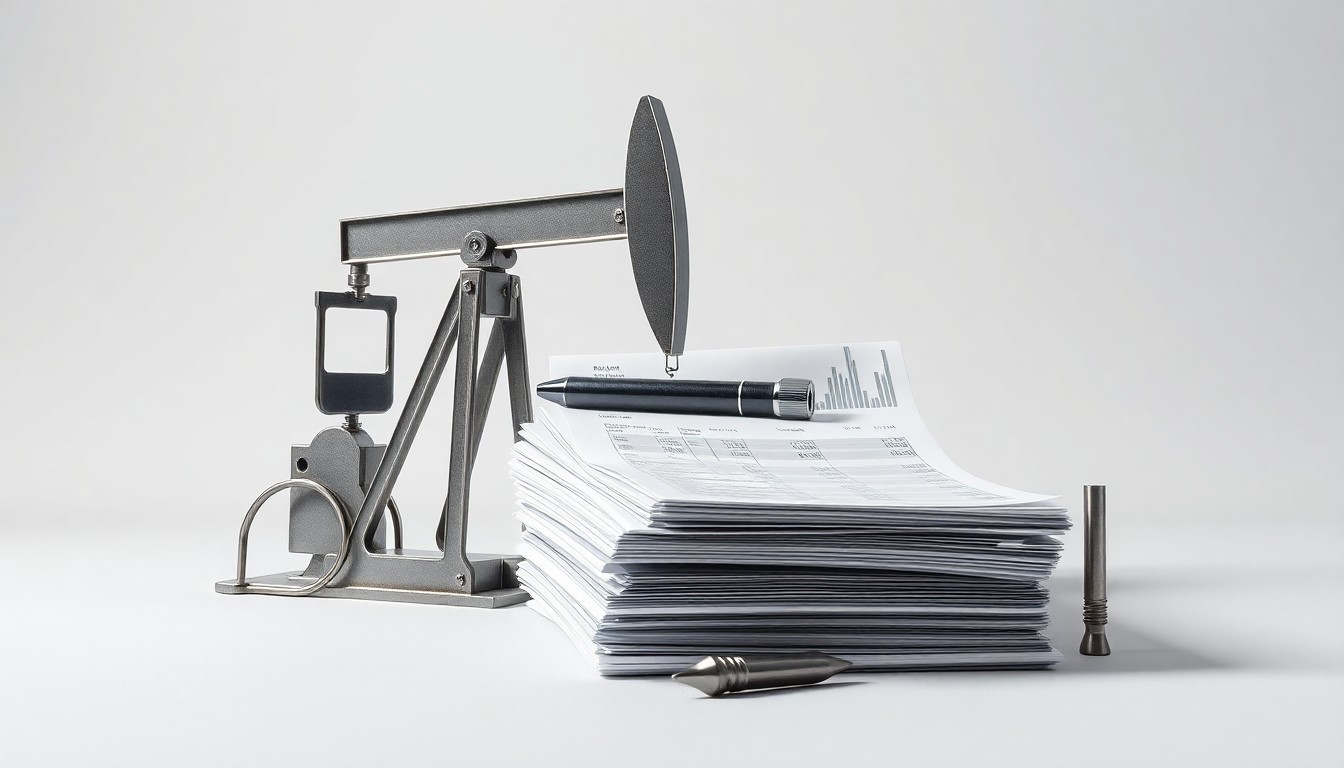A photorealistic studio still life featuring polished metal oil industry equipment and financial documents, conveying the abstract corporate strategy and risk of the energy sector.