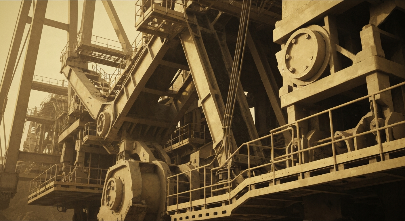 An extreme close-up of heavy, industrial gold mining machinery in muted, earthy tones, conceptually representing the financial security and institutional power of the global gold industry.