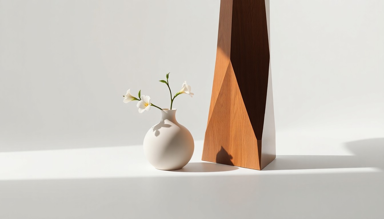 A minimalist studio still life photograph featuring a polished wooden table leg, a smooth ceramic vase, and a single stem of fresh flowers arranged elegantly on a clean, white background, conceptually representing the abstract strategies and market trends in the home furnishings industry.