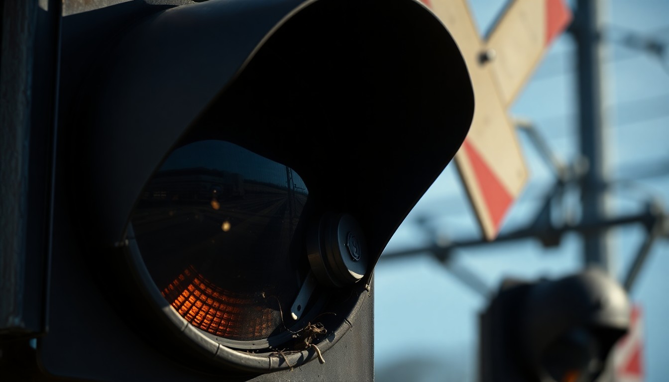 An extreme close-up photograph of a damaged train crossing signal light, partially obscured by shadows, conveying the sudden, gritty aftermath of a deadly collision.