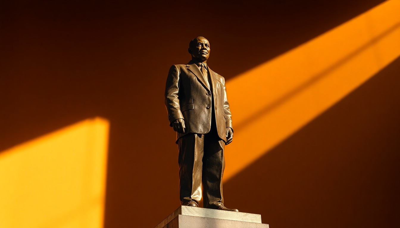 A bronze statue of a former African leader standing tall and proud, with warm sunlight and deep shadows creating a cinematic, nostalgic mood.