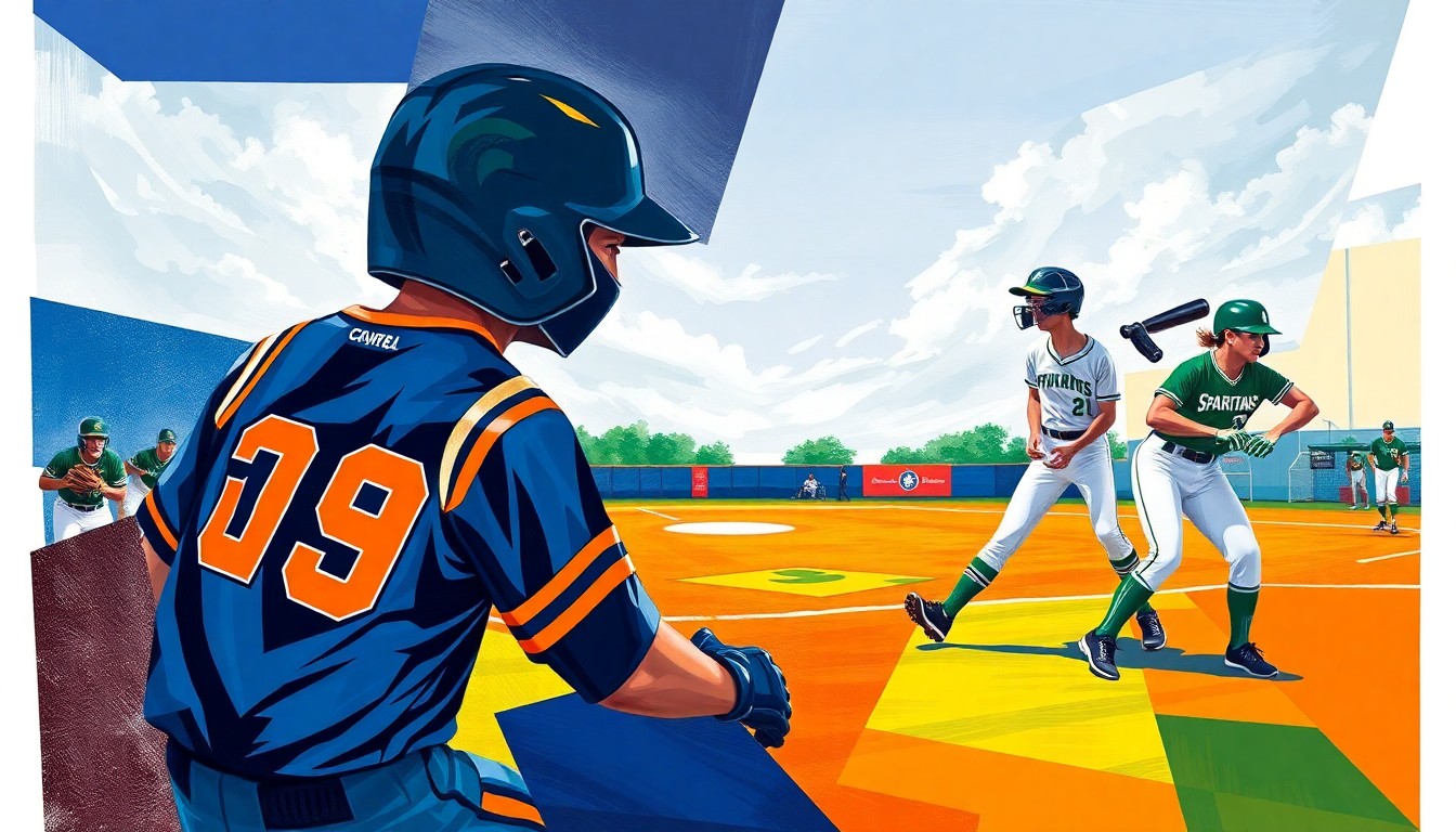 A fractured, geometric painting depicting a softball game, with sharp planes of color representing the players and field. The visual style is abstract and expressionistic, conveying the excitement and tension of the close contest.
