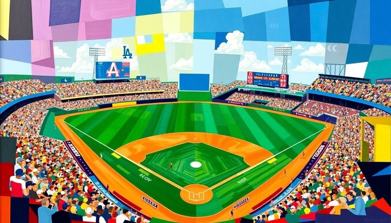 A fragmented, geometric painting depicting various elements of a baseball game, such as a batter, a fielder, and a ball in flight, all rendered in a cubist style using bold, overlapping shapes and colors.