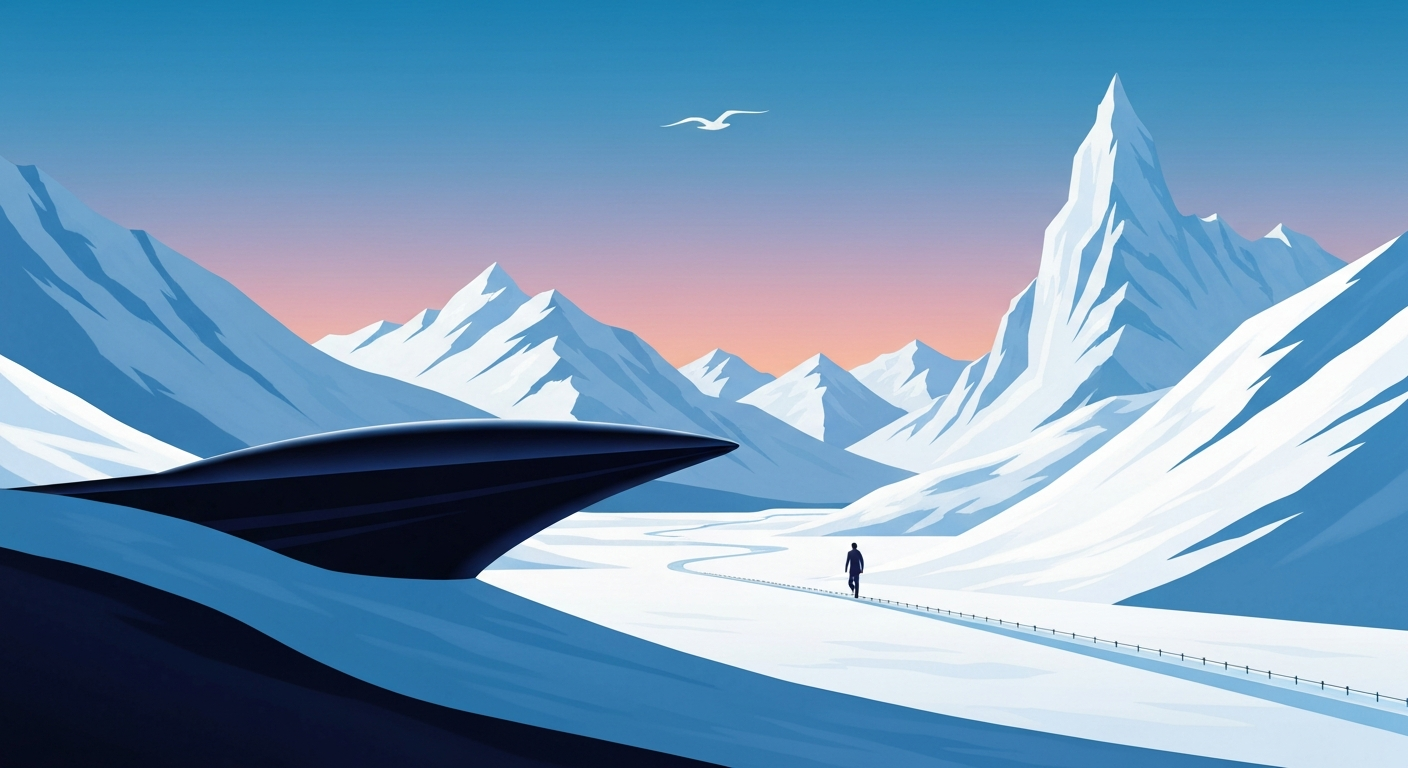 A bold, geometric illustration depicting the sweeping, snowy landscapes of Interior Alaska, with towering forced perspectives and smooth, airbrushed gradients, capturing the grand scale and romance of the adventurers' fat bike journey.