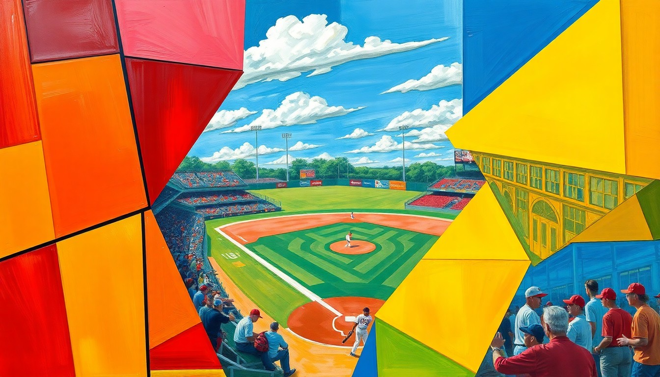 A fragmented, cubist-style painting depicting a high school baseball game, with players and the field broken down into sharp, overlapping geometric shapes in vibrant colors like blue, red, and yellow.