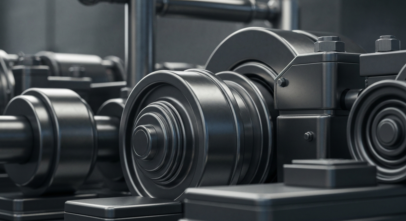 An extreme close-up of intricate, metallic banking machinery and equipment, conveying the physical power and scale of the financial industry without using any text or symbols.