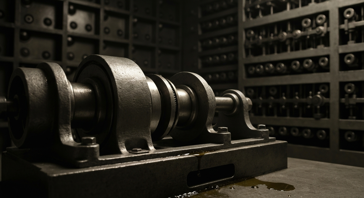 An extreme close-up of gears, levers, and other heavy machinery components in muted metallic tones, conveying the complex mechanics underlying the banking and finance sectors.