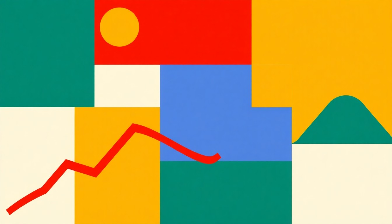 A geometric abstract illustration using bold shapes and primary colors to conceptually represent the complexities of California's state budget and economic performance.