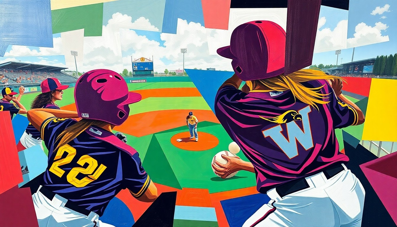 A cubist-style painting featuring overlapping geometric shapes and planes in the colors of the Iowa and Washington softball uniforms, conveying the dynamic action and competition of the game.