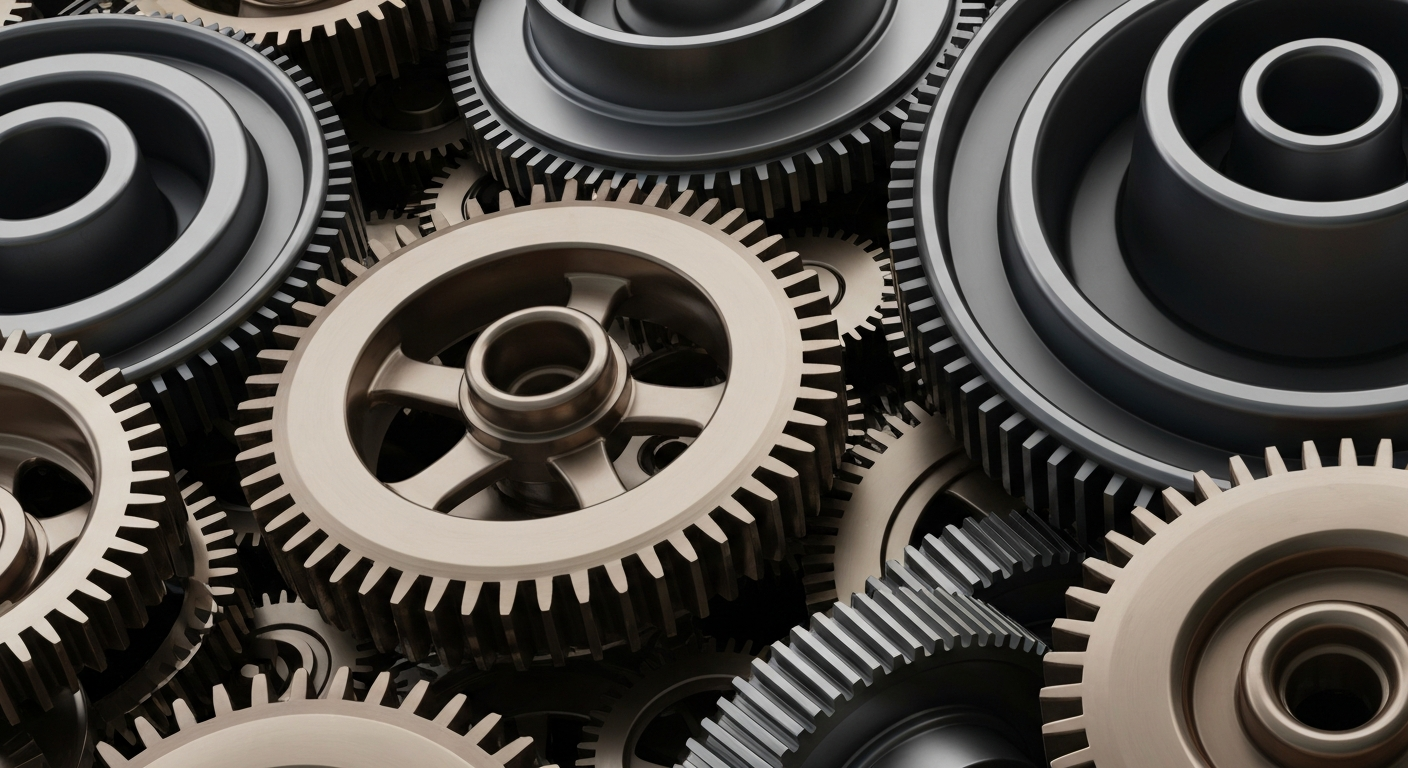 An extreme close-up of intricate, interlocking metal gears and machinery, conveying a sense of the complex financial systems and institutional power represented by Ameriprise Financial.