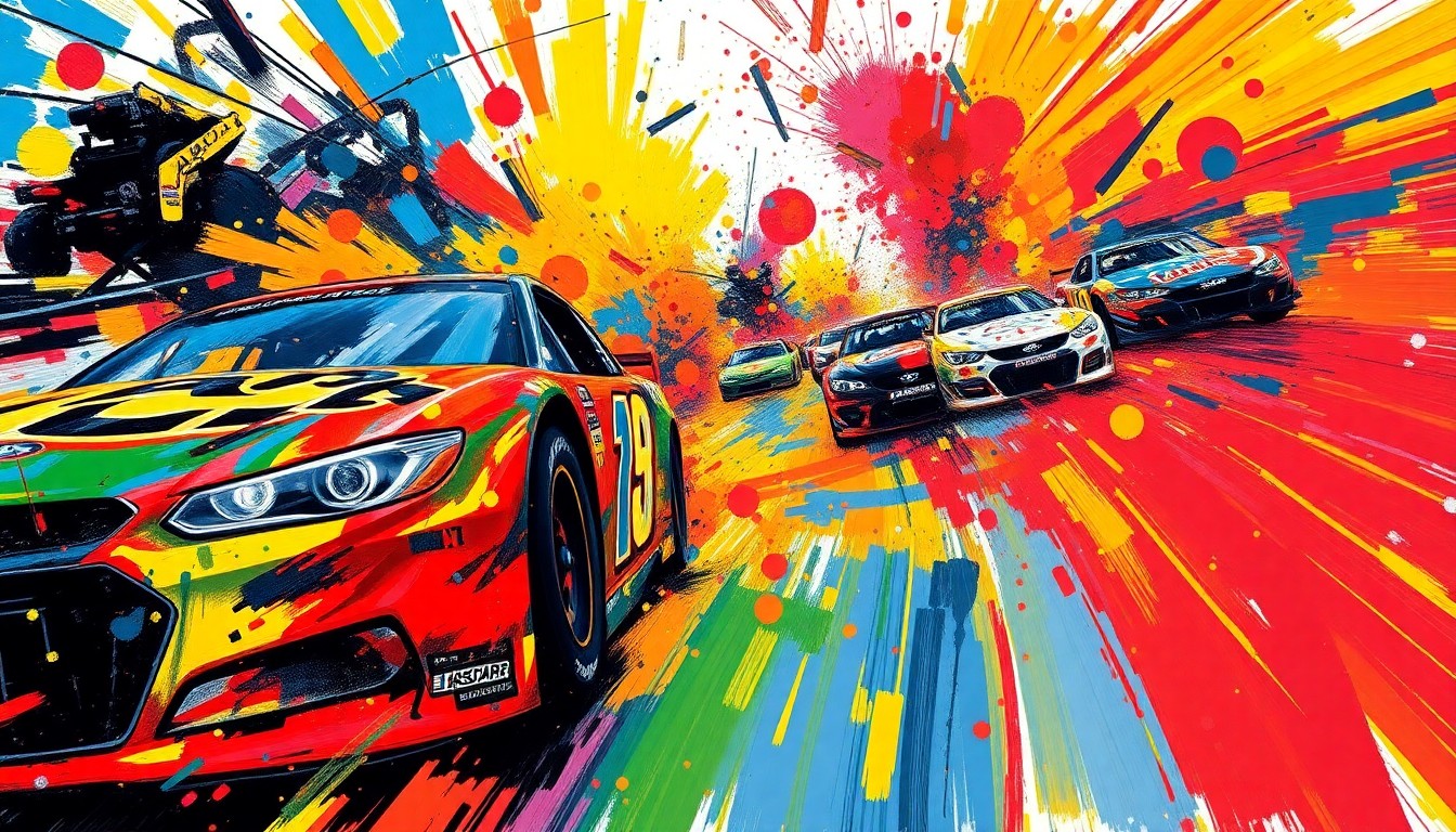 An abstract, energetic painting with bold brushstrokes and neon colors, capturing the dynamic motion and intensity of a NASCAR race.