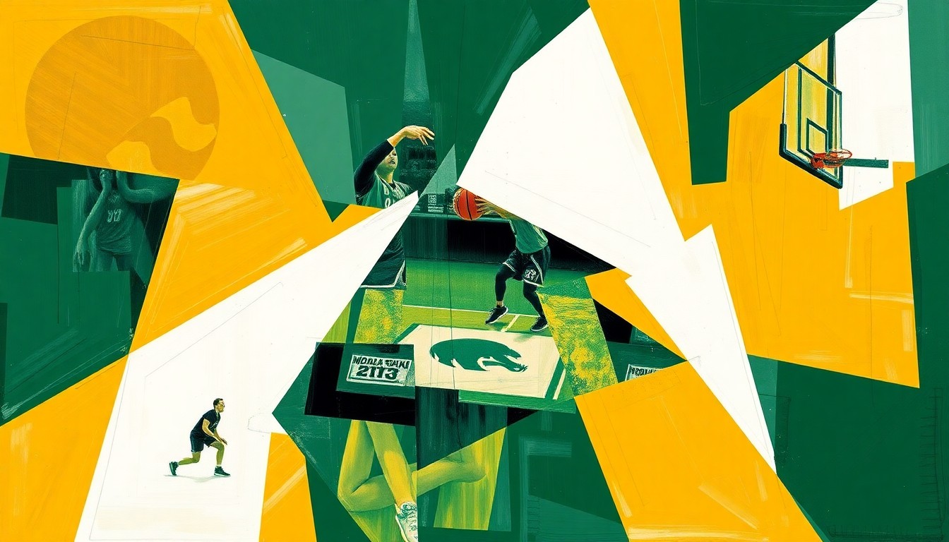 A fragmented, geometric painting in bold colors representing a women's basketball game, with the shapes and planes abstracting the action on the court.