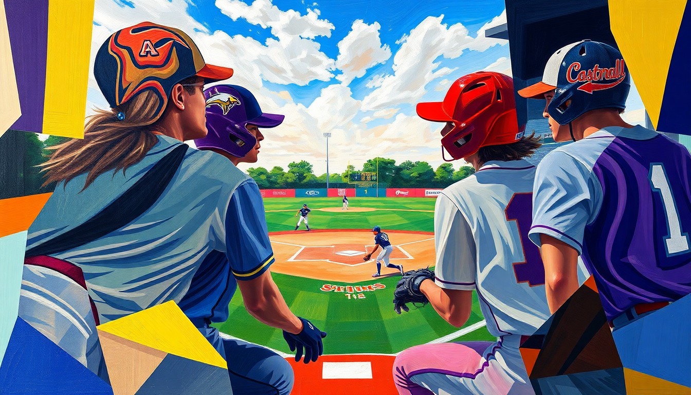 A fractured, multi-perspective painting in the style of Pablo Picasso, depicting a softball game broken down into sharp, overlapping geometric planes of vibrant colors representing the players, field, and equipment.
