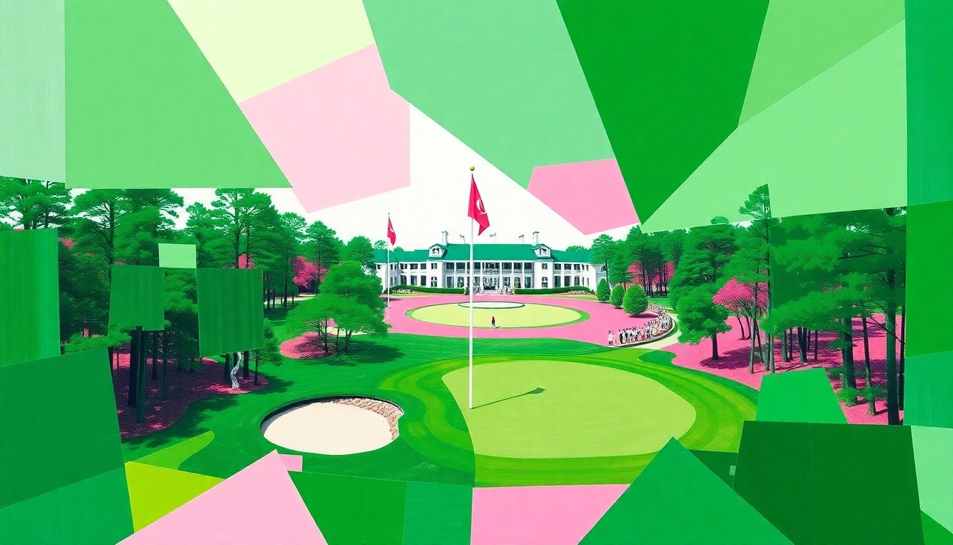 A fractured, geometric painting depicting the iconic Augusta National Golf Club course and the action of the Masters Tournament, with sharp planes of emerald green, azalea pink, and bright white.