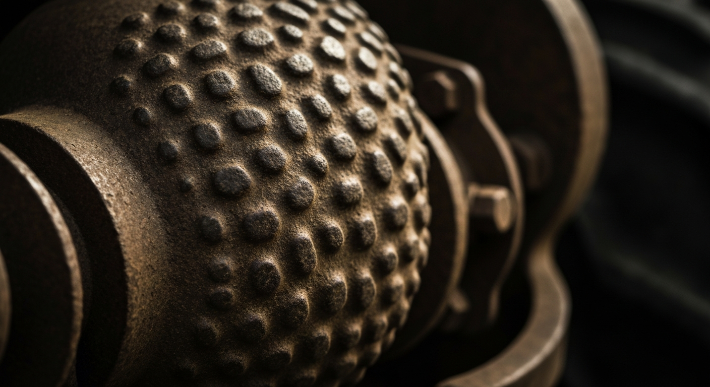 An extreme close-up photograph capturing the rough, pebbled texture of an aged piece of farm equipment, conveying the rugged, industrial nature of the agricultural machinery industry.