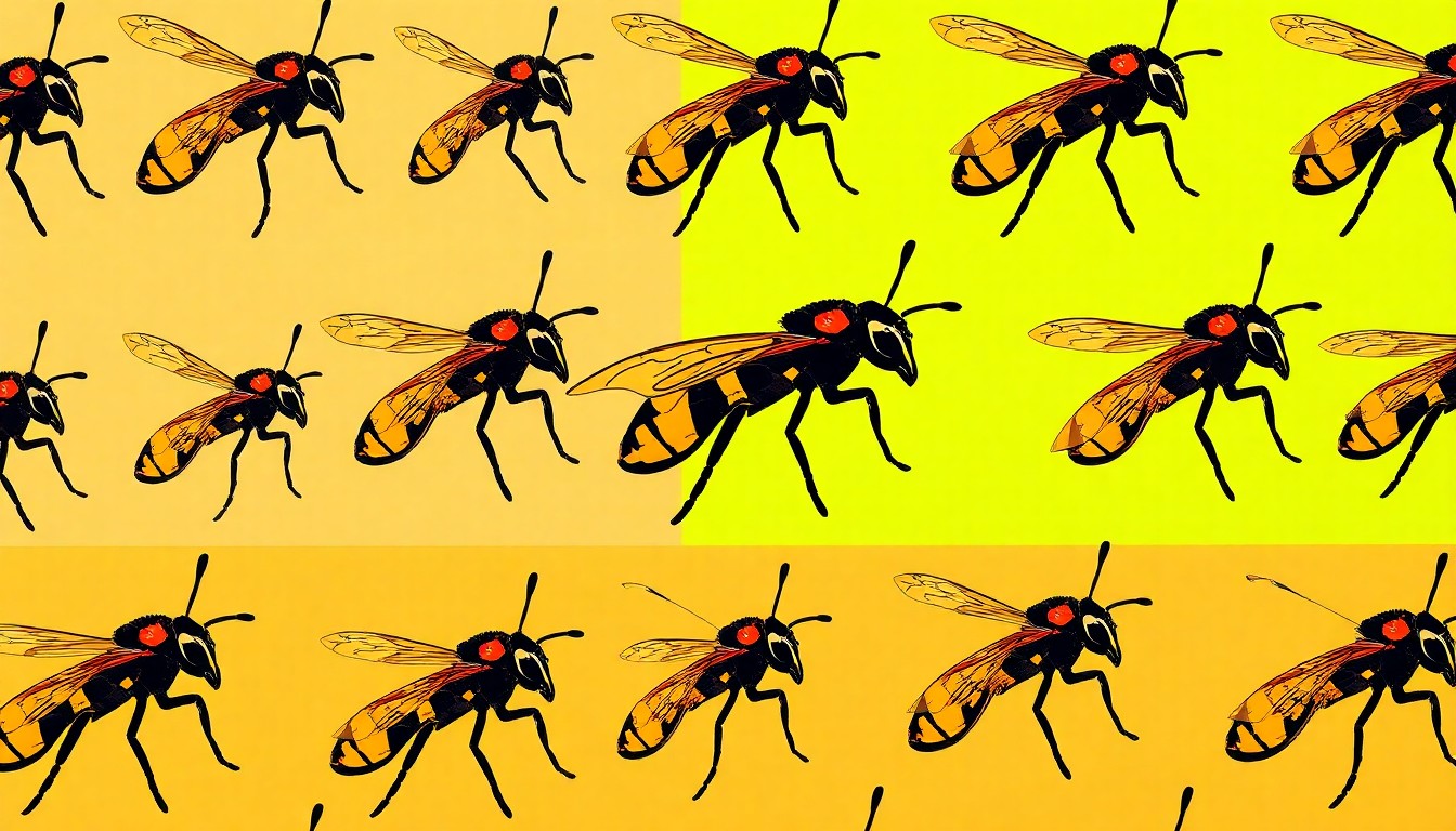 A vibrant, high-contrast silkscreen print featuring a repeated image of a wasp in shades of neon yellow, orange, and blue, conceptually representing the aggressive and territorial nature of these pests.