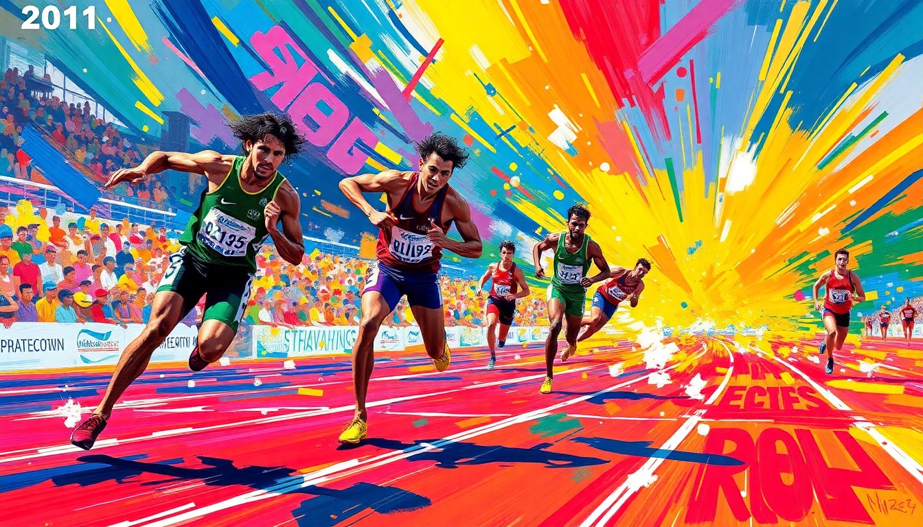 An abstract, energetic painting in neon colors depicting the dynamic movements and competition of a track and field event, capturing the spirit of the Ray Doerr Memorial Track Invite.