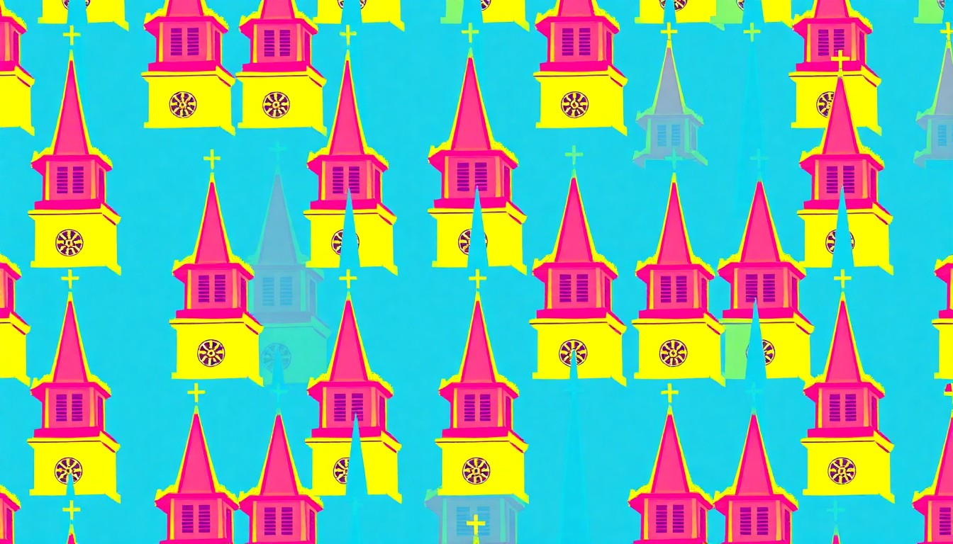A bold, colorful silkscreen print featuring the iconic steeple of the Second Congregational Church repeated in a grid, capturing the renewed energy and community pride surrounding the landmark's restoration.