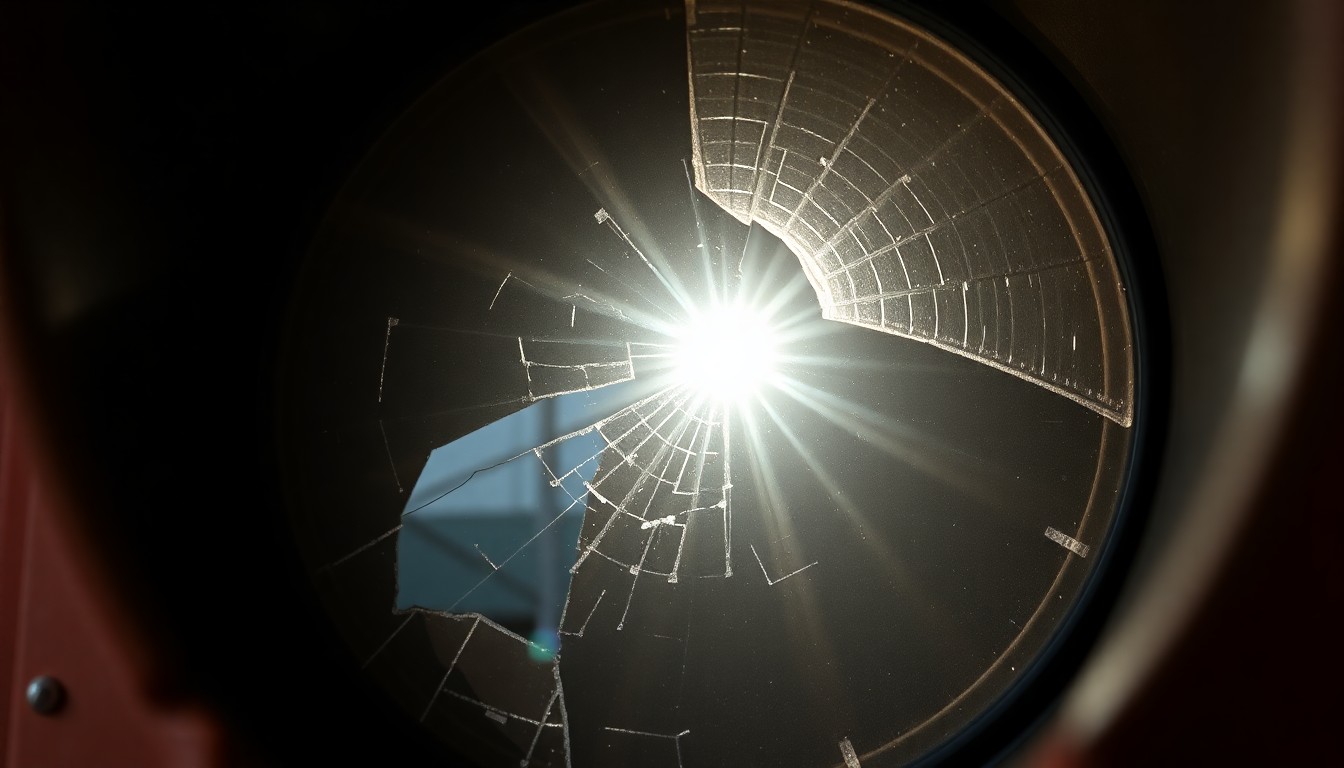 An extreme close-up of a shattered traffic signal light lens, reflecting a single harsh flash of light, conceptually representing the aftermath of a fatal pedestrian crash.