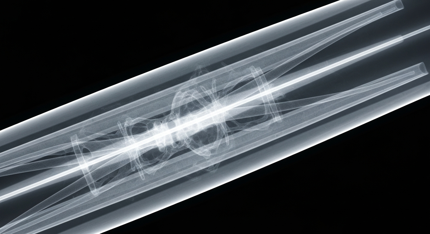 A translucent X-ray photograph of a carotid artery stent, its intricate internal structure visible as glowing, ghostly lines against a dark background, conceptually illustrating the advanced medical technology.