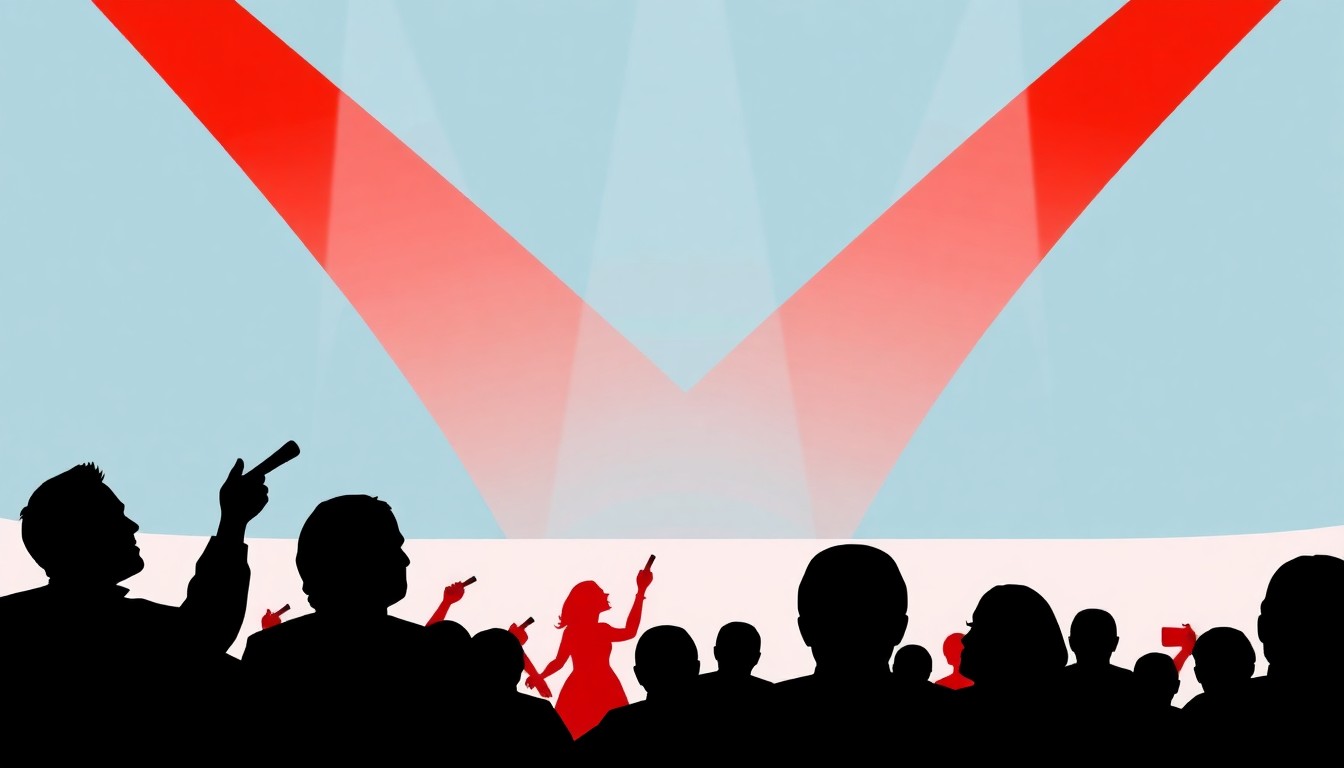 A striking abstract composition of jagged black silhouettes and bold red and white shapes, conceptually representing the drama and emotion of a reality TV singing competition.