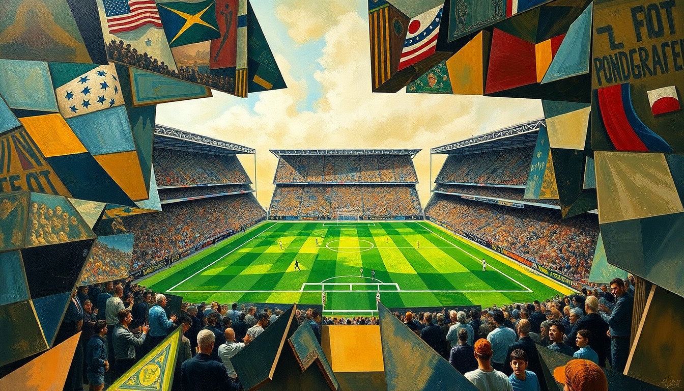 A cubist, geometric painting depicting a football player in motion, with the player's body and the ball broken down into overlapping, angular shapes and planes.