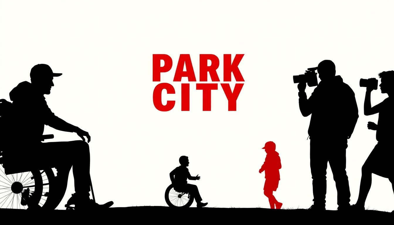 A minimalist, graphic illustration using bold black shapes and bright red and white colors to abstractly represent the themes of disability, community, and independent filmmaking in Park City.