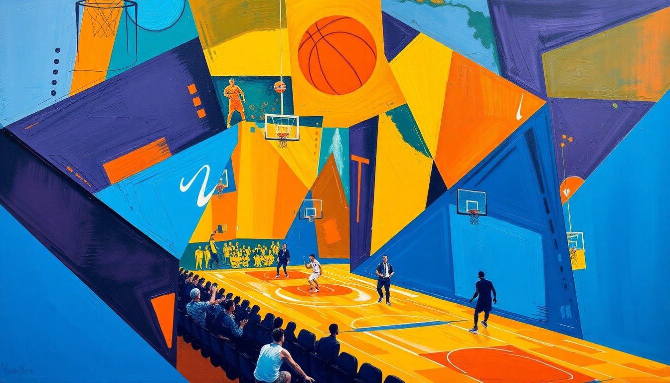 A cubist, geometric painting depicting a fragmented basketball game, with sharp planes of color and overlapping shapes representing the dynamic action on the court.