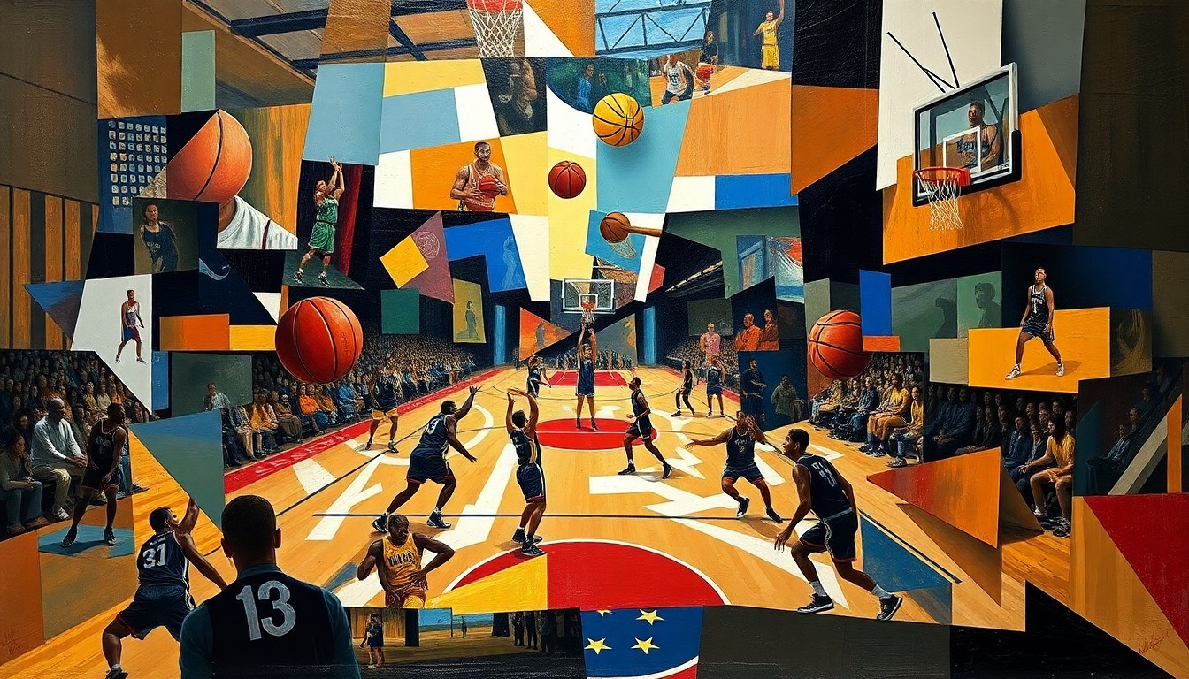 A cubist, geometric painting depicting fragmented basketball players and court action, representing the growth and development of the league's most improved players.
