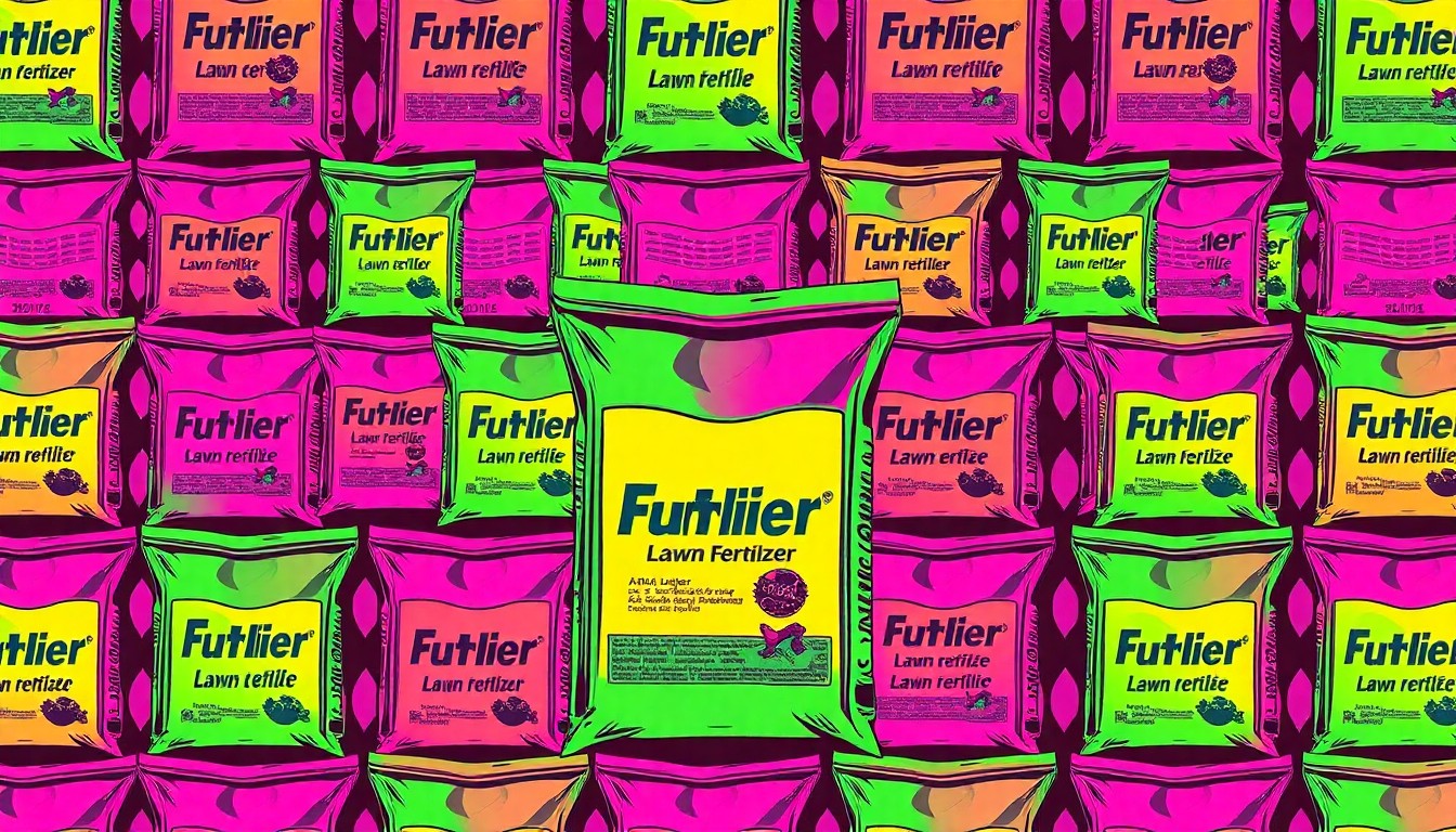 A brightly colored, high-contrast silkscreen-style illustration of a lawn fertilizer bag repeated in a grid pattern, using vibrant neon colors and heavy black outlines to transform an everyday product into modern pop art.