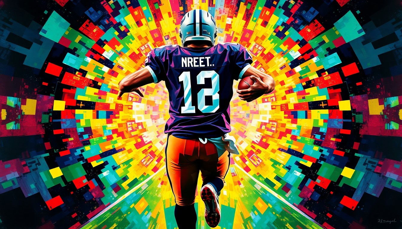 A cubist-style painting depicting a football player in motion, with their body broken down into sharp, overlapping geometric shapes in a vibrant color palette representing the Broncos' team colors.