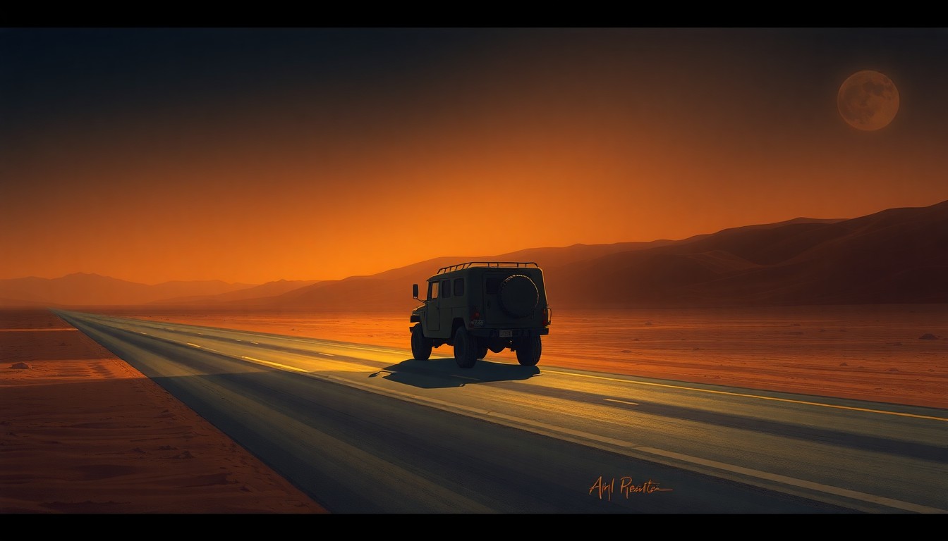 A cinematic painting of a lone U.S. military vehicle on a desert road, with warm sunlight and deep shadows creating a contemplative, nostalgic mood.