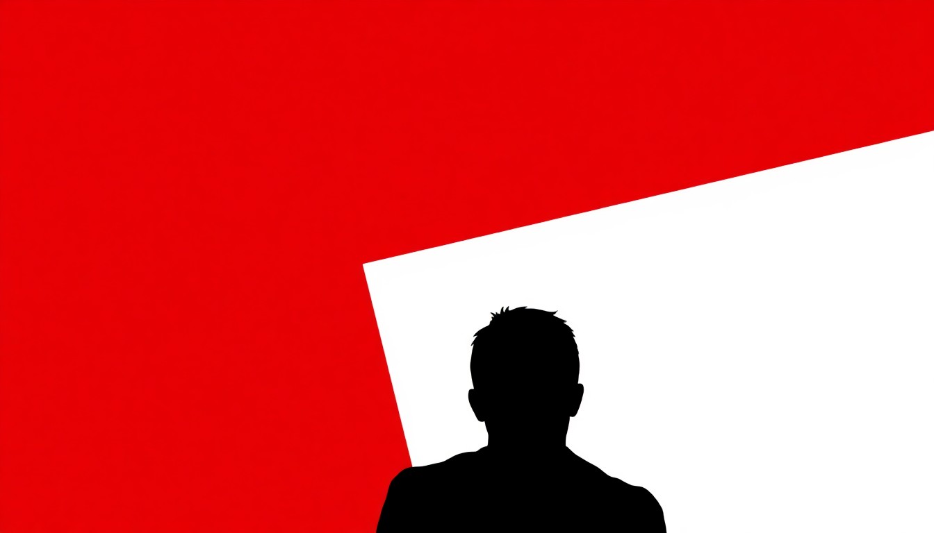 A dramatic black silhouette of a person's head and shoulders set against a high-contrast red and white background, conceptually representing the stalking and harassment experienced by a reality TV star.