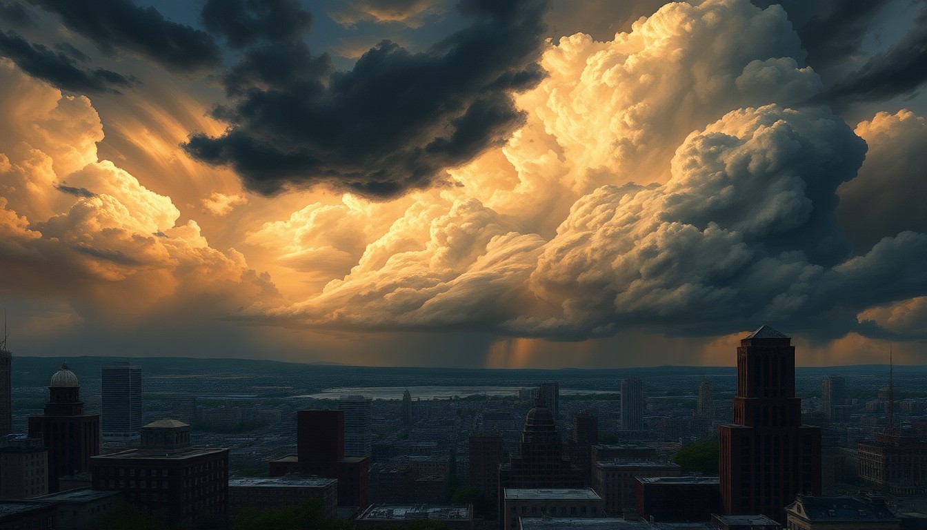 A dramatic landscape painting in the style of Caspar David Friedrich, depicting a stormy sky with heavy clouds and dramatic lighting over the Baltimore cityscape, which appears small and insignificant in comparison to the natural elements.