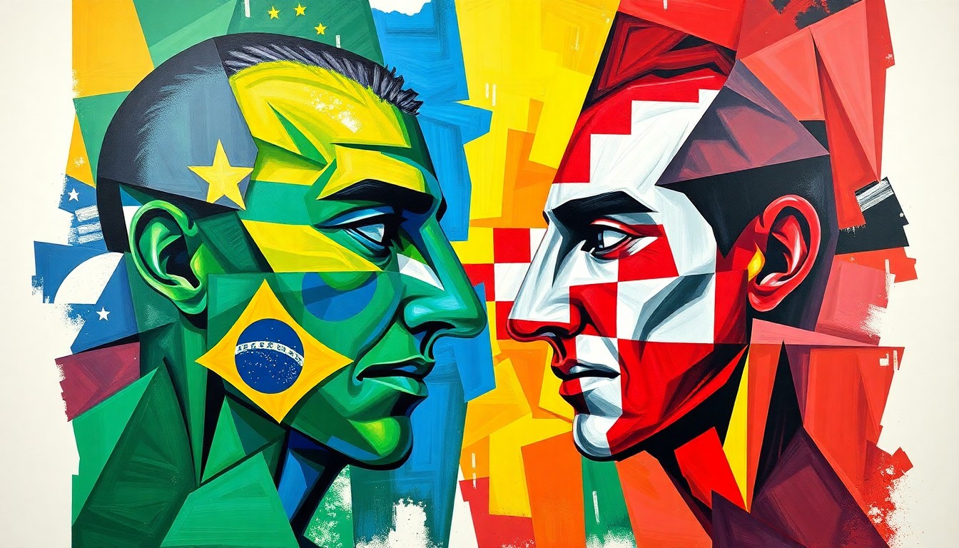 A fractured, geometric painting depicting a soccer match between Brazil and Croatia, with the players and field broken down into sharp, overlapping planes of color in the style of Pablo Picasso.