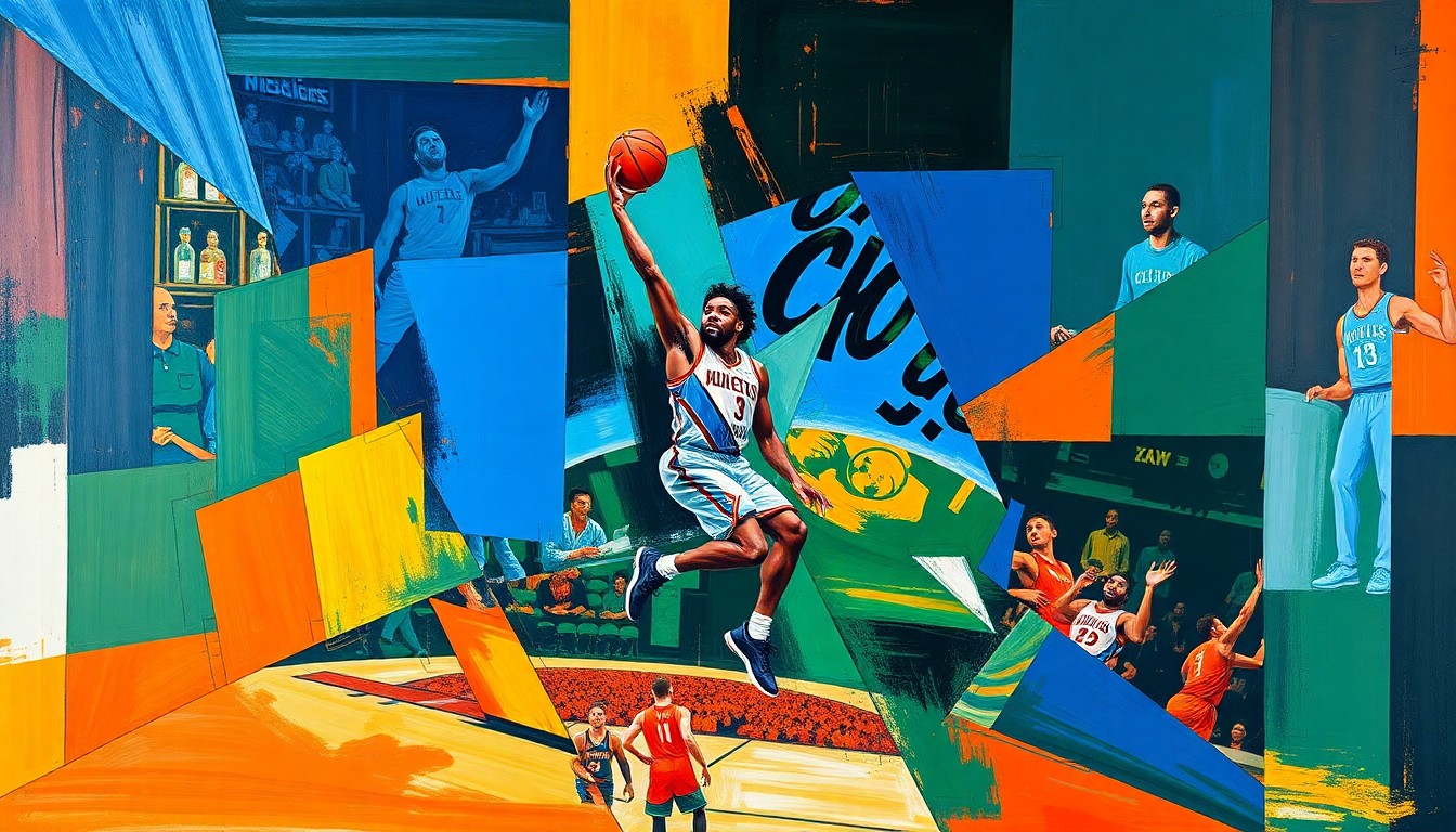 A fractured, multi-perspective painting in vibrant colors depicting the movements and energy of a basketball game or Giannis Antetokounmpo, with sharp, overlapping geometric planes that deconstruct the action.