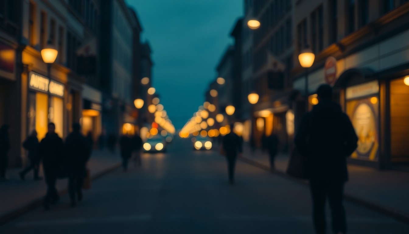 An abstract, out-of-focus photograph of a city street at night, with blurred streetlights and silhouettes of people walking, conveying a sense of urban melancholy and the need for compassionate solutions to homelessness.