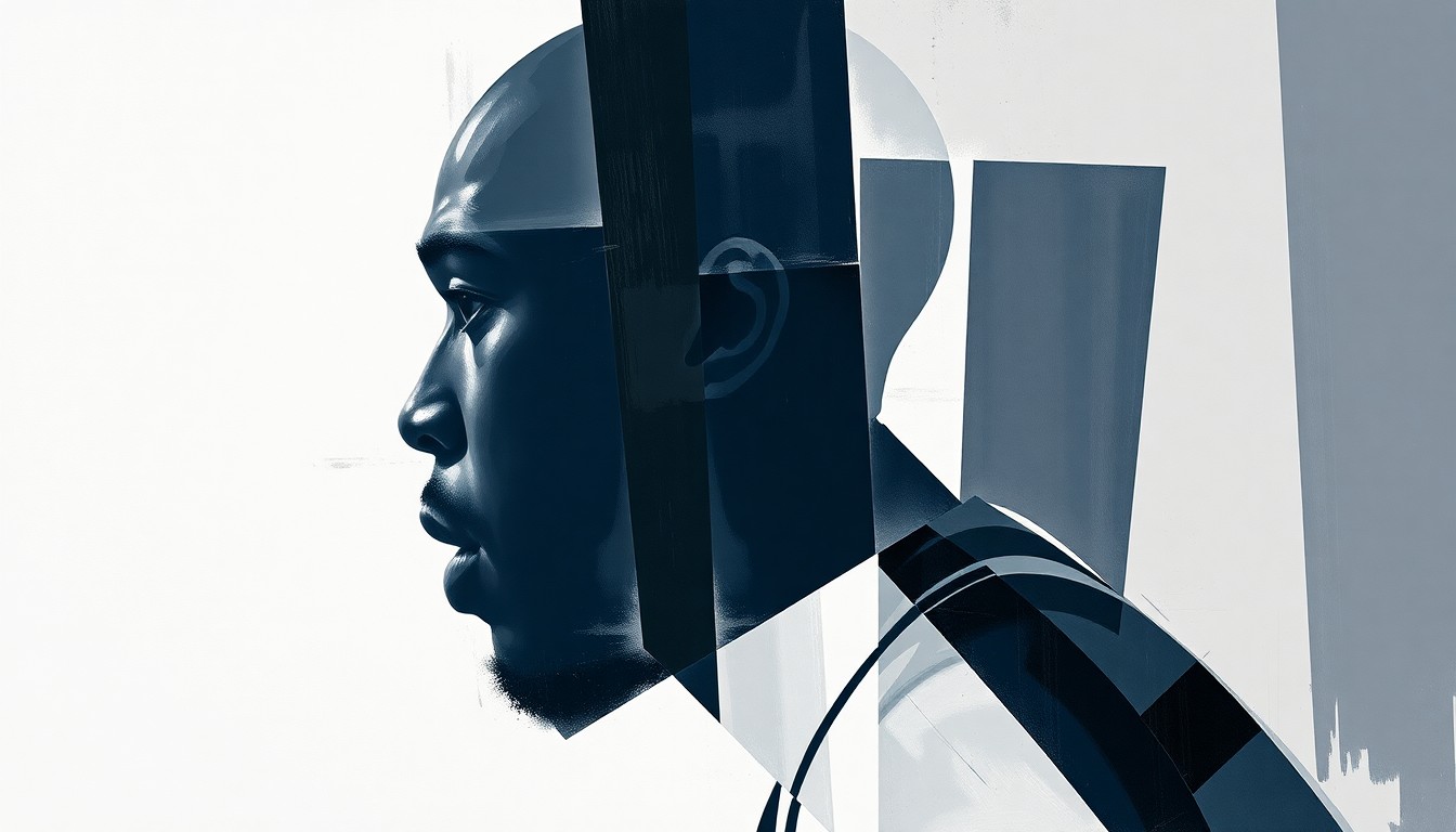A fragmented, cubist-style painting depicting the silhouette of a basketball player broken down into sharp, overlapping geometric planes in muted tones, conceptually representing the complex issues surrounding personal beliefs and professional conduct in the NBA.