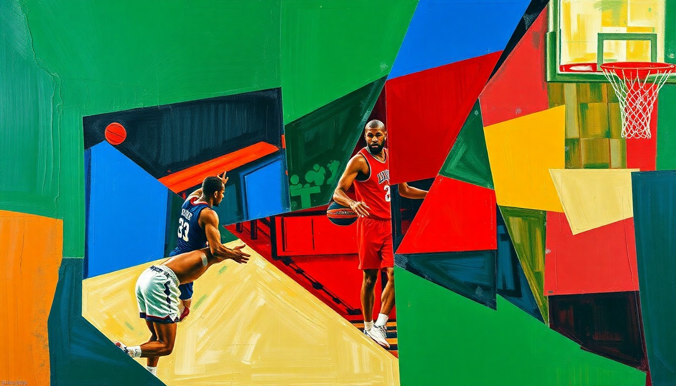A cubist, geometric painting depicting a fragmented basketball court scene, with sharp planes of green, blue, and red representing the dynamic energy and strategic complexity of coaching at the highest level.