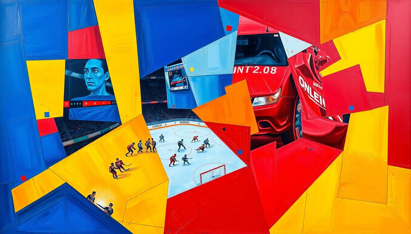 A cubist, geometric painting depicting the chaotic action of a hockey game, with players and the puck fractured into overlapping angular shapes in a vibrant color palette.