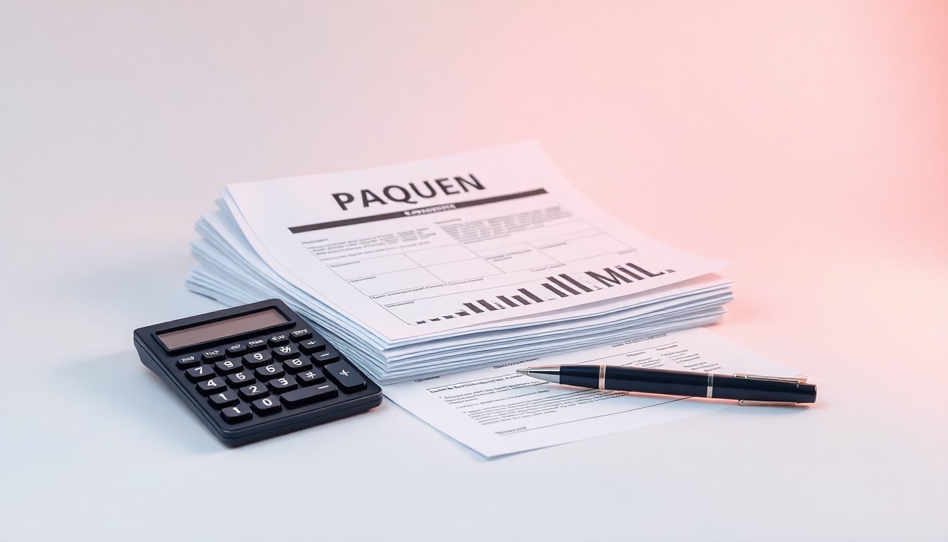 A photorealistic studio still life featuring a stack of financial reports, a calculator, and a pen arranged elegantly on a clean, monochromatic background, conceptually representing the abstract legal risks companies face over financial reporting.
