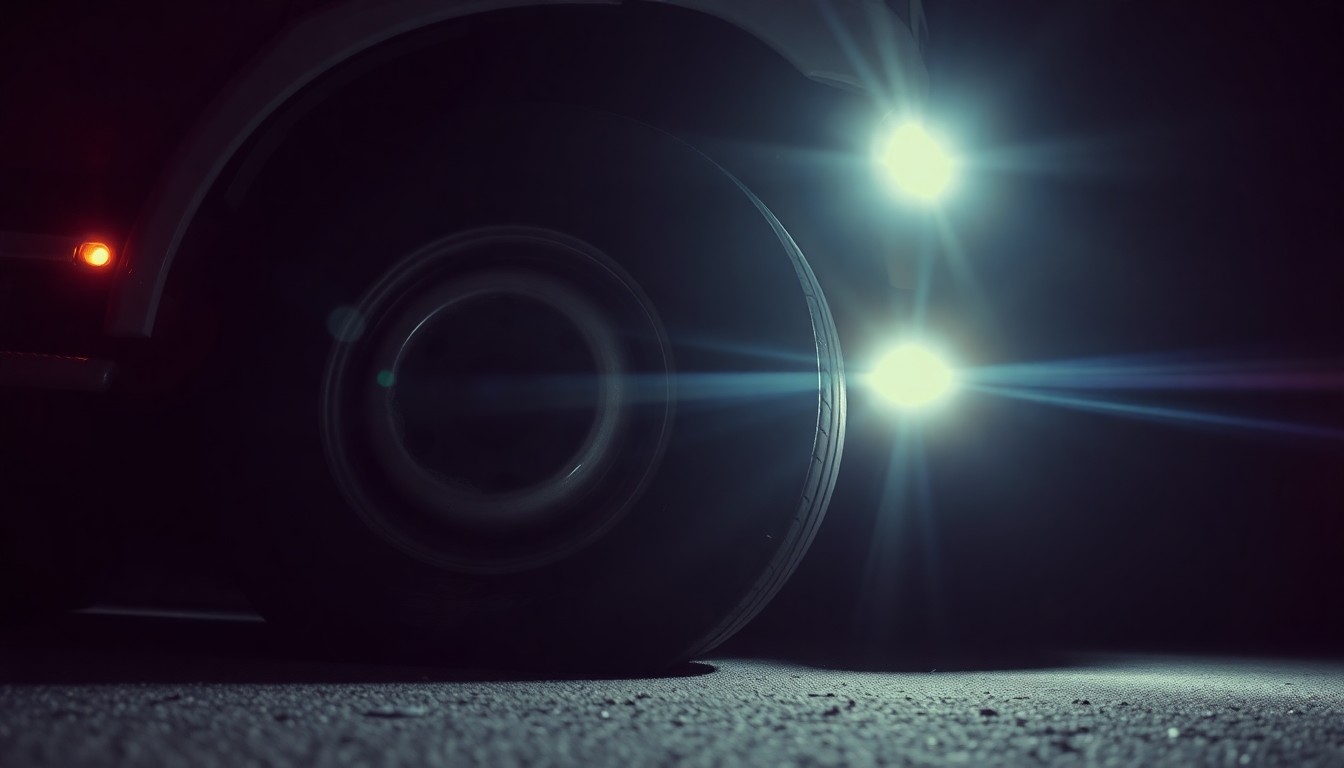 An extreme close-up photograph of a damaged truck part, such as a twisted metal frame or shattered headlight lens, captured with harsh, direct lighting to create a stark, gritty aesthetic that conceptually represents the aftermath of a serious commercial vehicle accident.