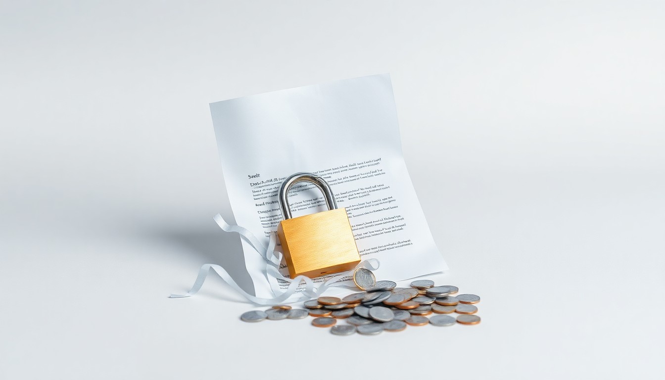 A high-end, photorealistic studio still-life photograph featuring a shredded paper document, a broken padlock, and a scattered pile of coins on a clean, monochromatic background, symbolizing the data privacy and security issues facing the debt relief company.