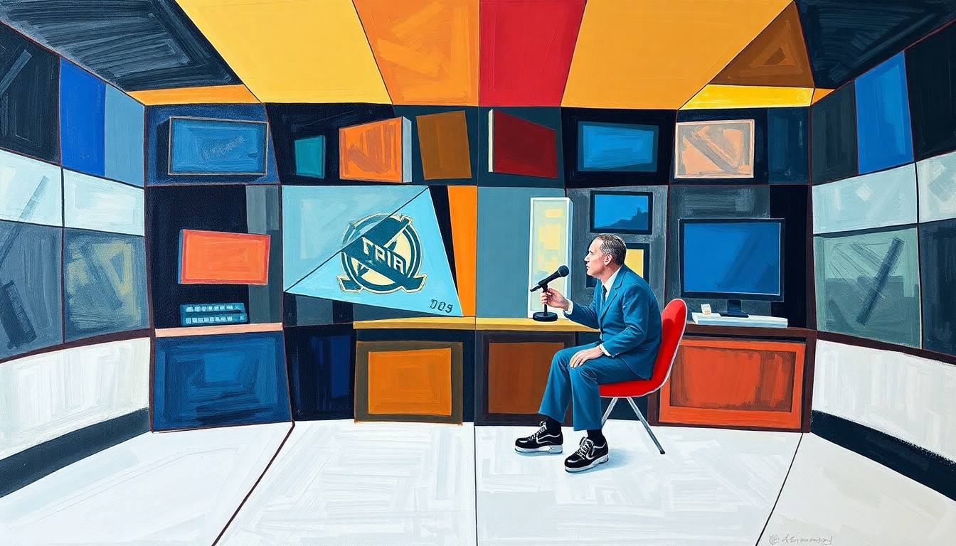 A fragmented, geometric painting depicting a hockey broadcast booth and announcer, with sharp, overlapping planes of color and form conceptually representing the long-running career of a beloved local sports broadcaster.