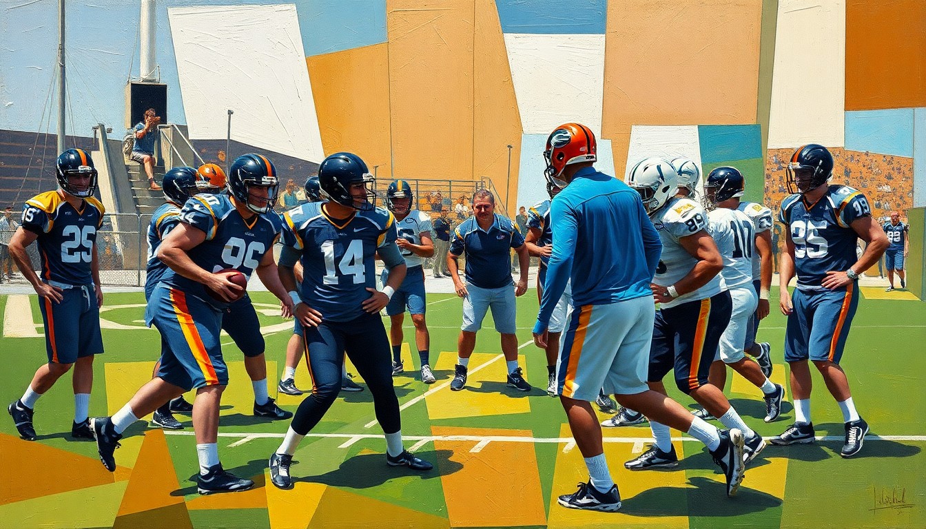 A cubist-style painting depicting a fragmented, multi-angled view of a football practice, with players and coaches represented as abstract geometric shapes and forms.