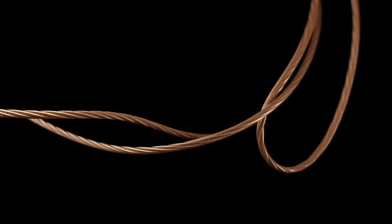 An extreme close-up photograph of a coiled copper wire against a black background, the metal's texture and sheen dramatically illuminated by a harsh, direct camera flash, conveying a stark, gritty, investigative mood.