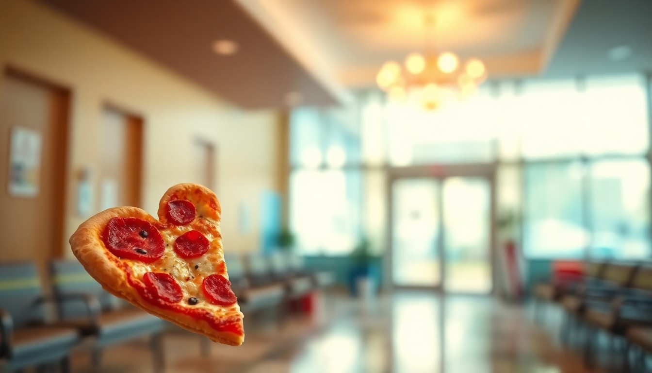 An extremely abstracted, out-of-focus photograph of a heart-shaped pizza slice in soft pools of warm light, conceptually representing the heartwarming community support for pediatric care.